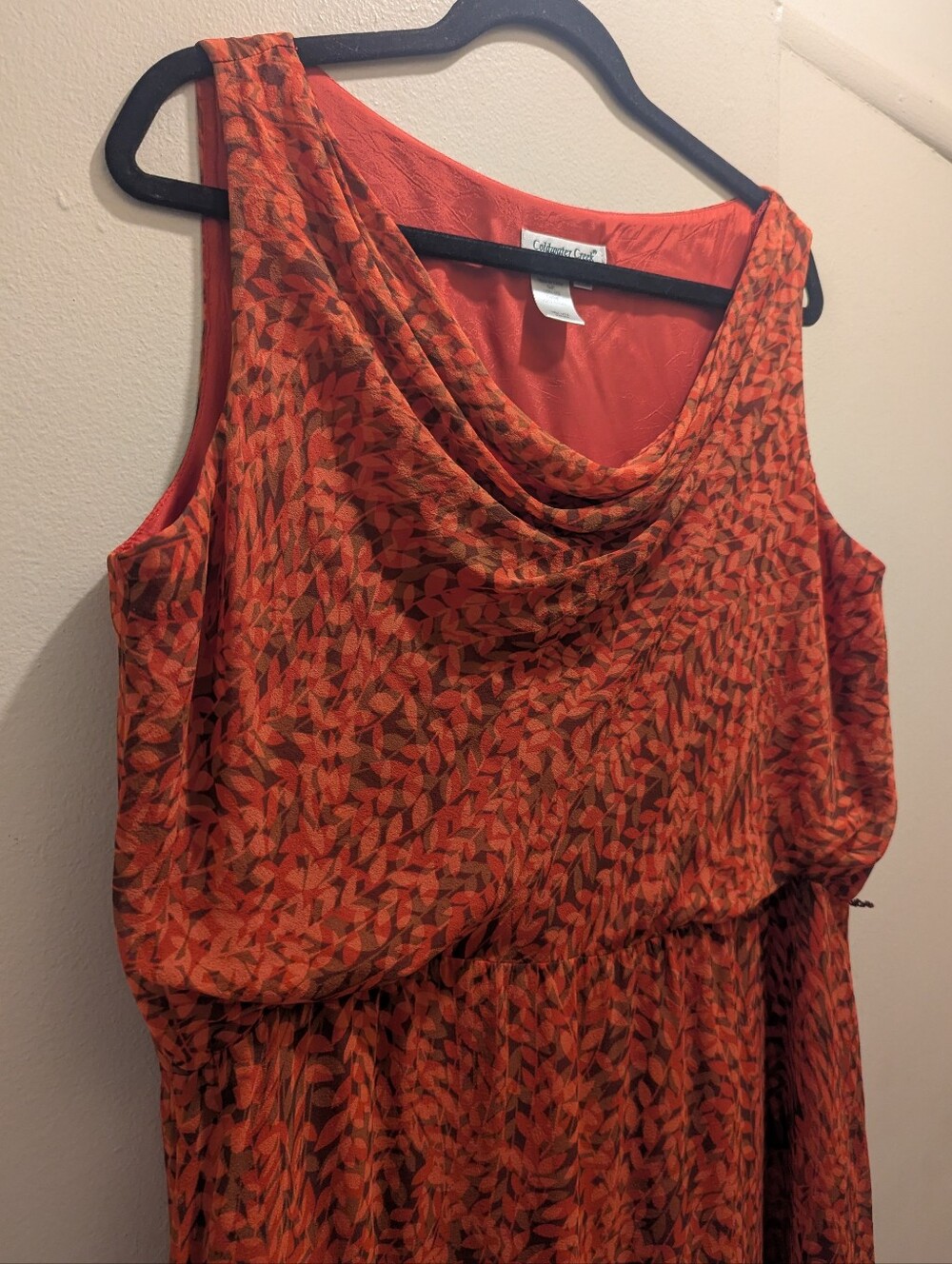 Coldwater Creek Cowl Neck Sleeveless Silk Dress Burnt Orange Leaf Pattern - 16 - Picture 4 of 12
